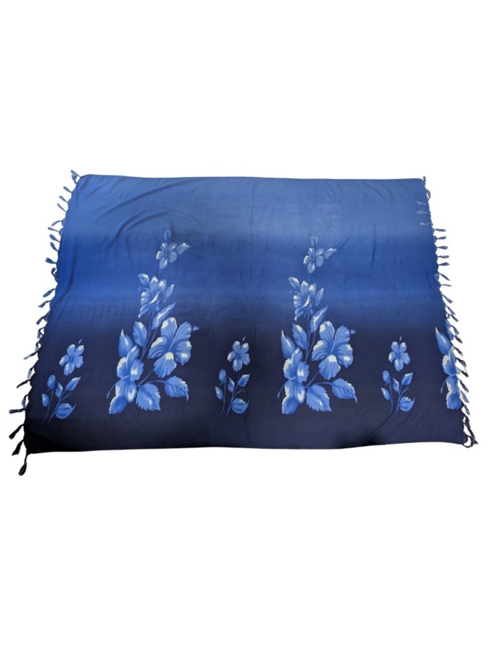 Hibiscus Collection Hawaii Blue Floral Rayon Sarong Pareo Wrap Cover-Up Fringe - Picture 2 of 6